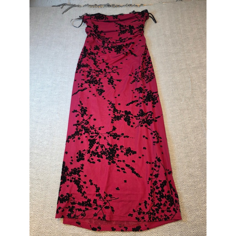 Vici Strapless Maxi Dress Womens Large Pink Black Velvet Floral Burnout Ruched